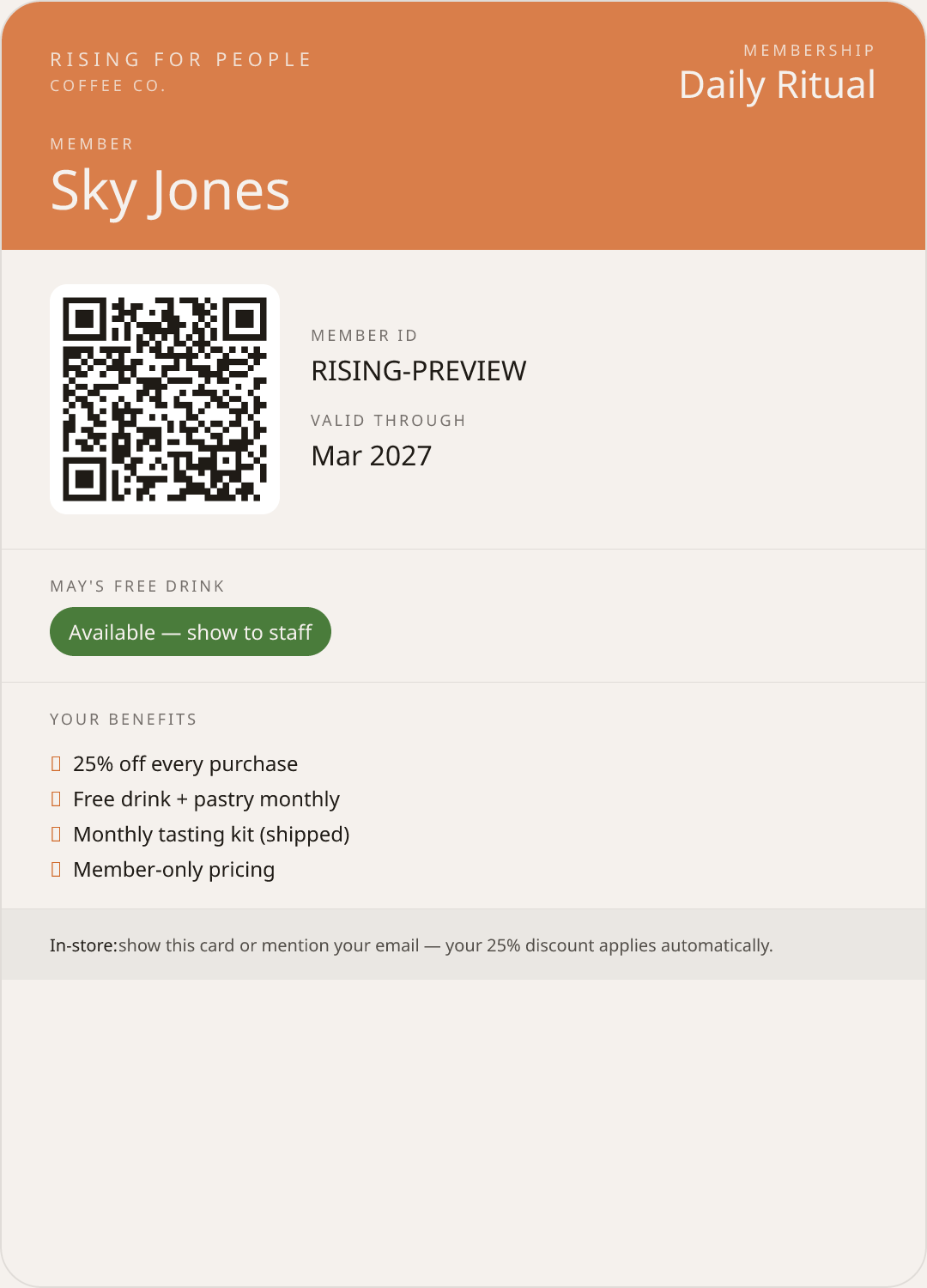 Sample Rising Society membership card with QR code